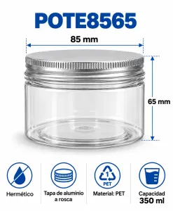 Pote PET transparente 350 ml (85X65mm) con tapa de aluminio a rosca