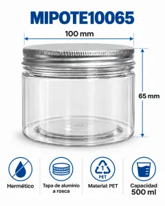 Pote PET transparente 500 ml (100X65mm) con tapa de aluminio a rosca