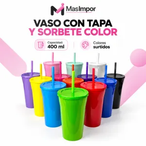 Vaso de plastico infantil con tapa y sorbete color. Souvenirs. Capacidad 400ml.