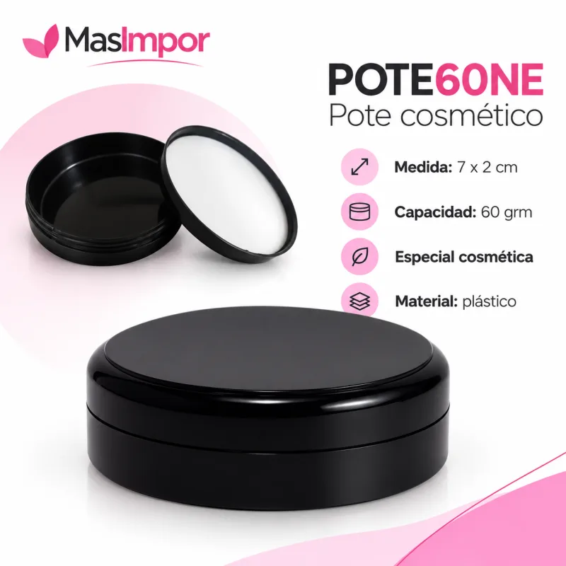 Pote Plastico Cosmético Negro de 60 g tapa a rosca