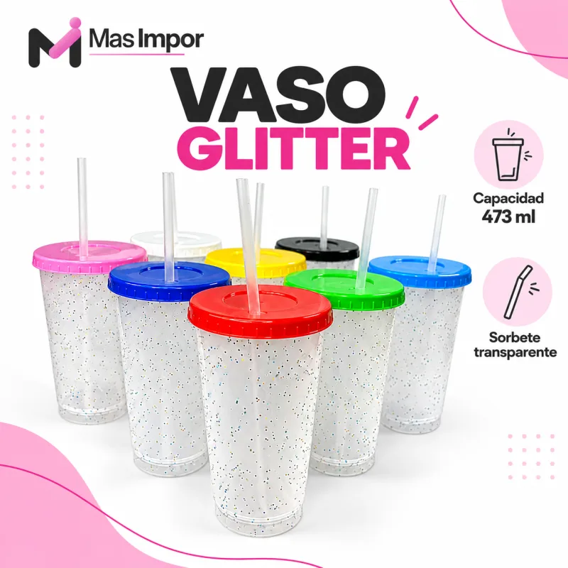Vaso Glitter 500ml con tapa. Sorbete transparente