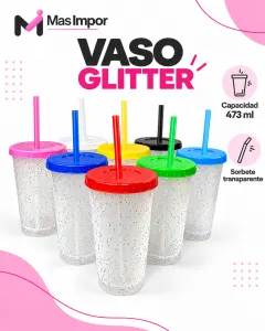 Vaso Glitter 500ml con tapa. Sorbete Color