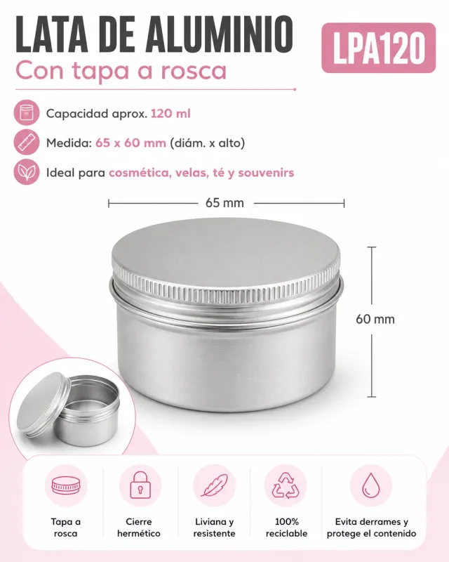 Lata de Aluminio tapa a rosca 6.5x5cm